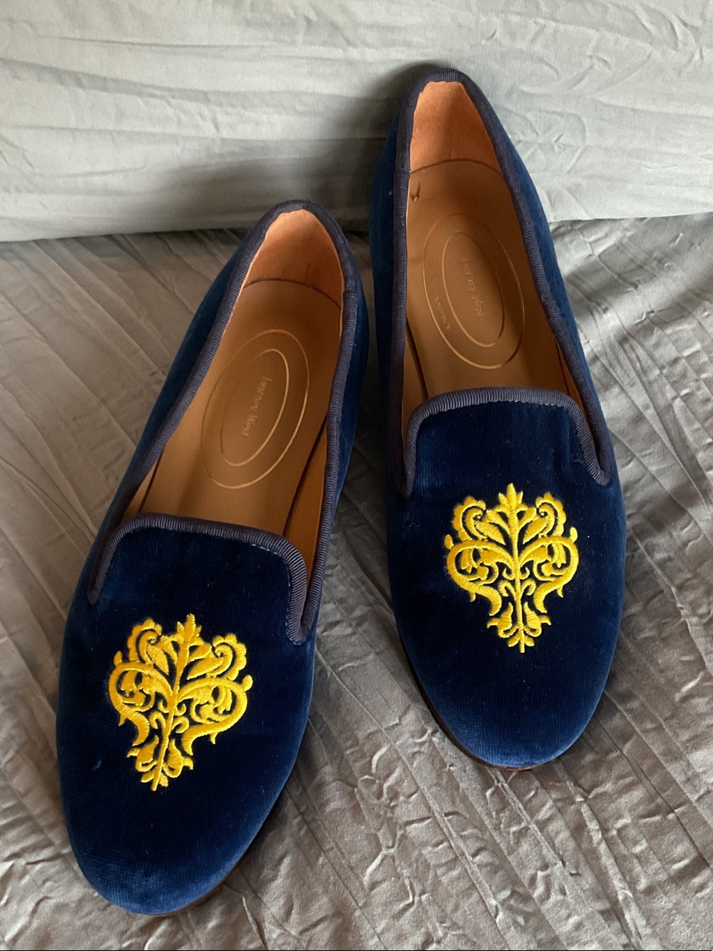 Journey West Navy Velvet Embroidered Slip-On Loafers